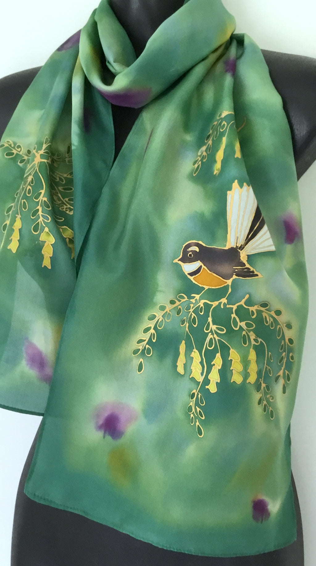 Fantail on Kowhai Green scarf - Hand painted Silk Scarf