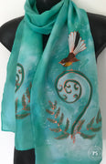 Fantail on Koru  - Hand painted Silk Scarf - Satherley Silks NZ