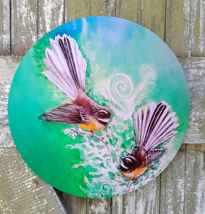 Fantail Pair on Ferns - Circle Outdoor Art Panel