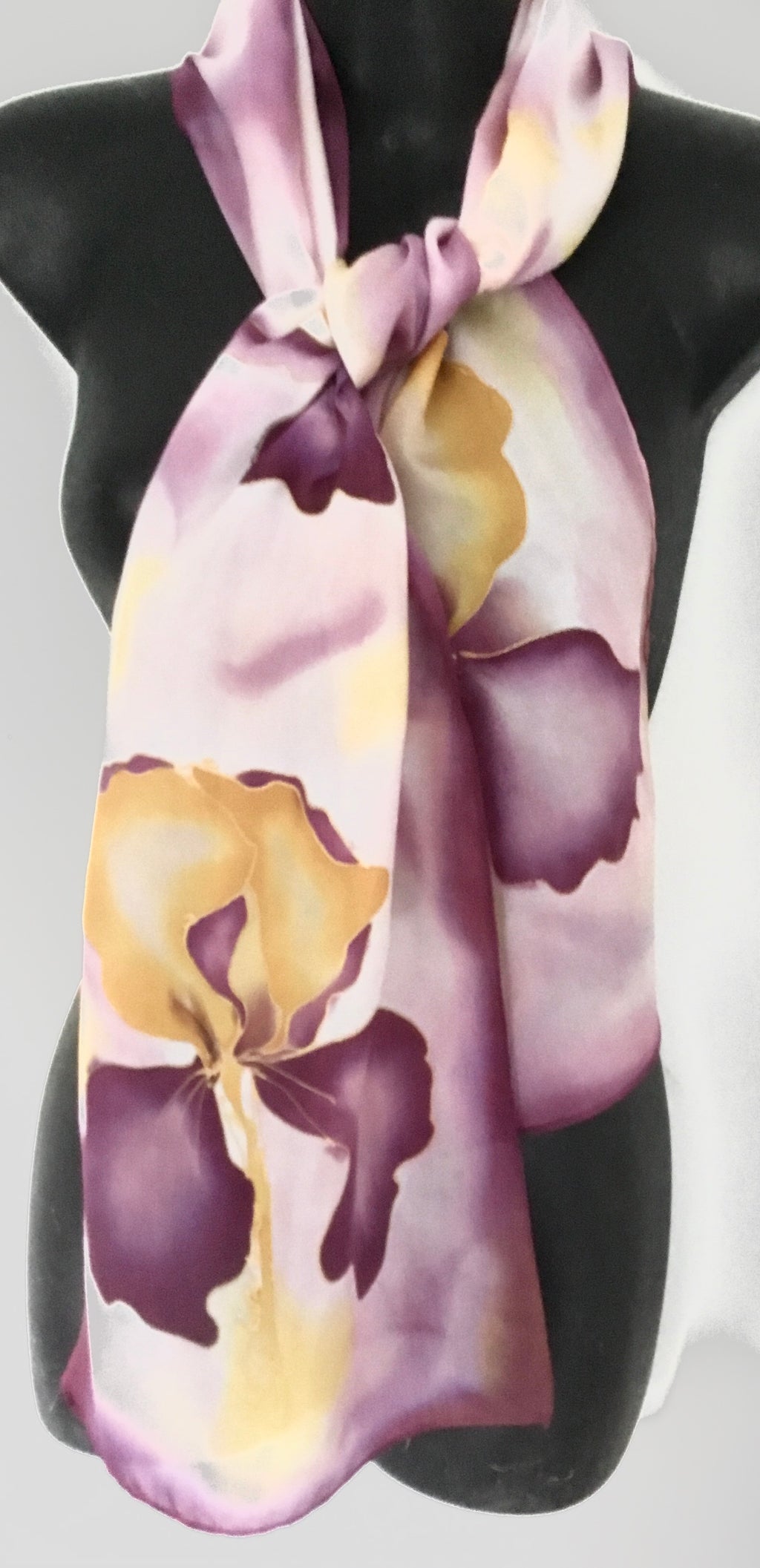 Iris Flowers in Burgundy and mustard Gold - Hand painted Silk Scarf