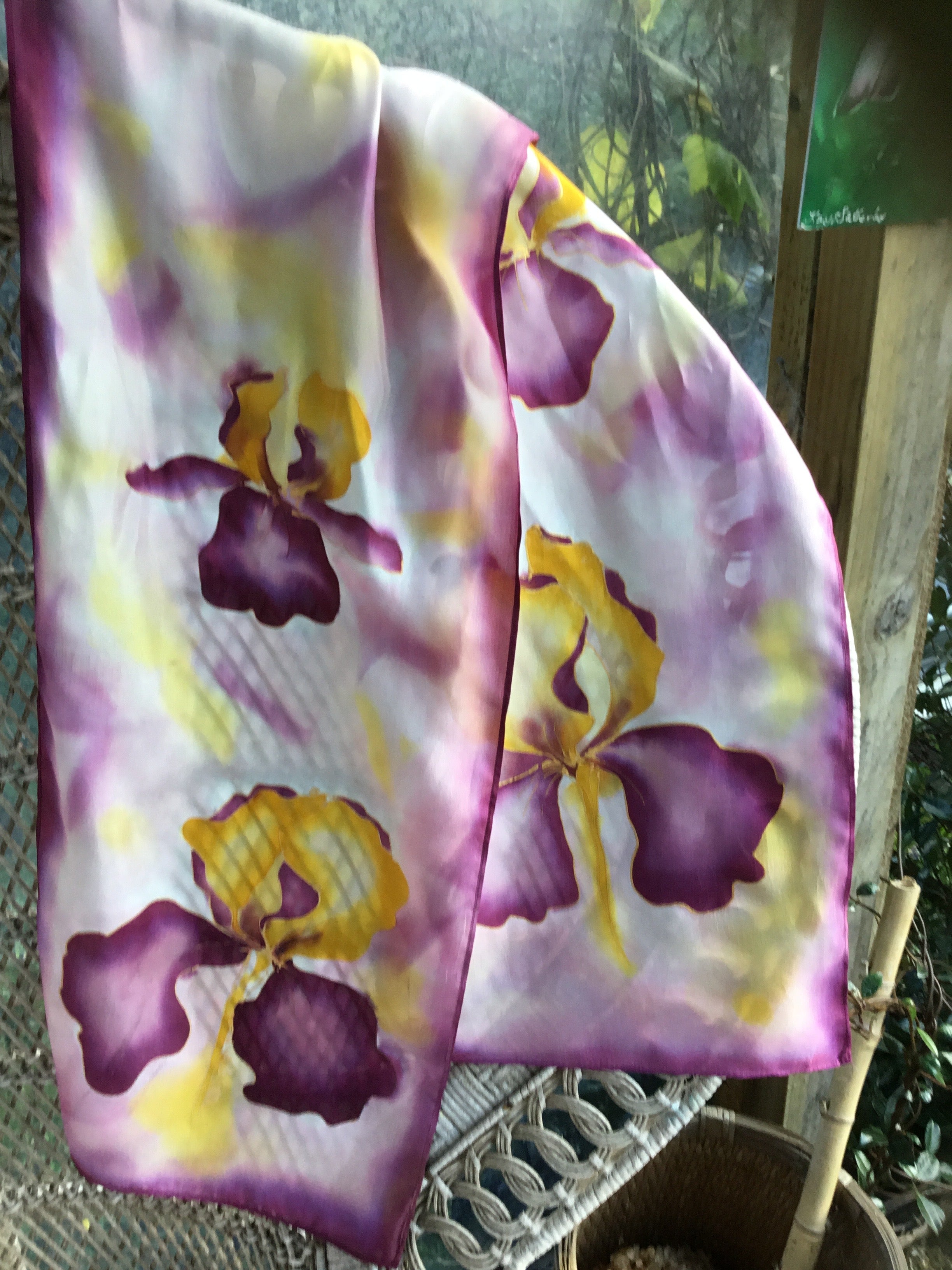 Iris Flowers in Burgundy and mustard Gold - Hand painted Silk Scarf