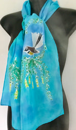Fantail on Kowhai - Hand painted Silk Scarf