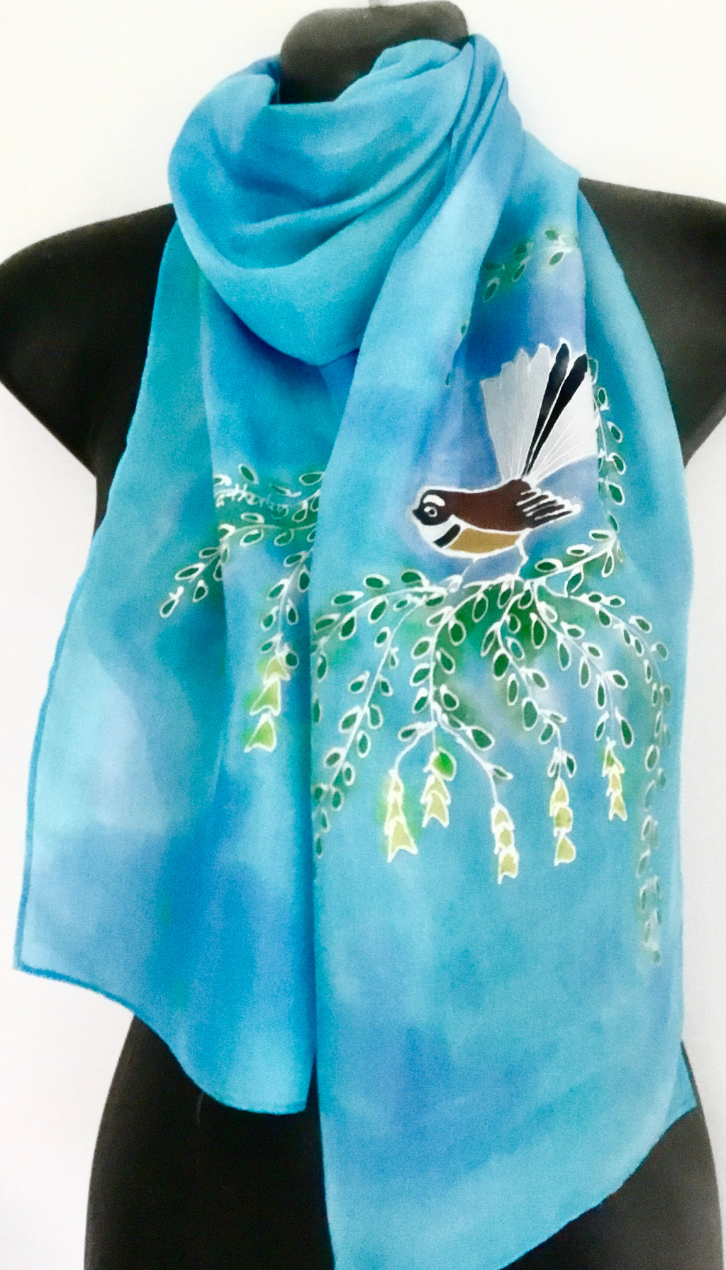 Fantail on Kowhai - Hand painted Silk Scarf