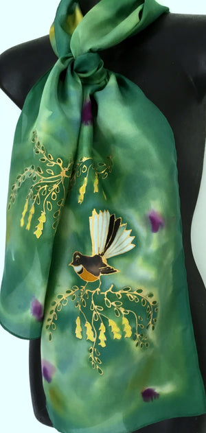 Fantail on Kowhai Green scarf - Hand painted Silk Scarf