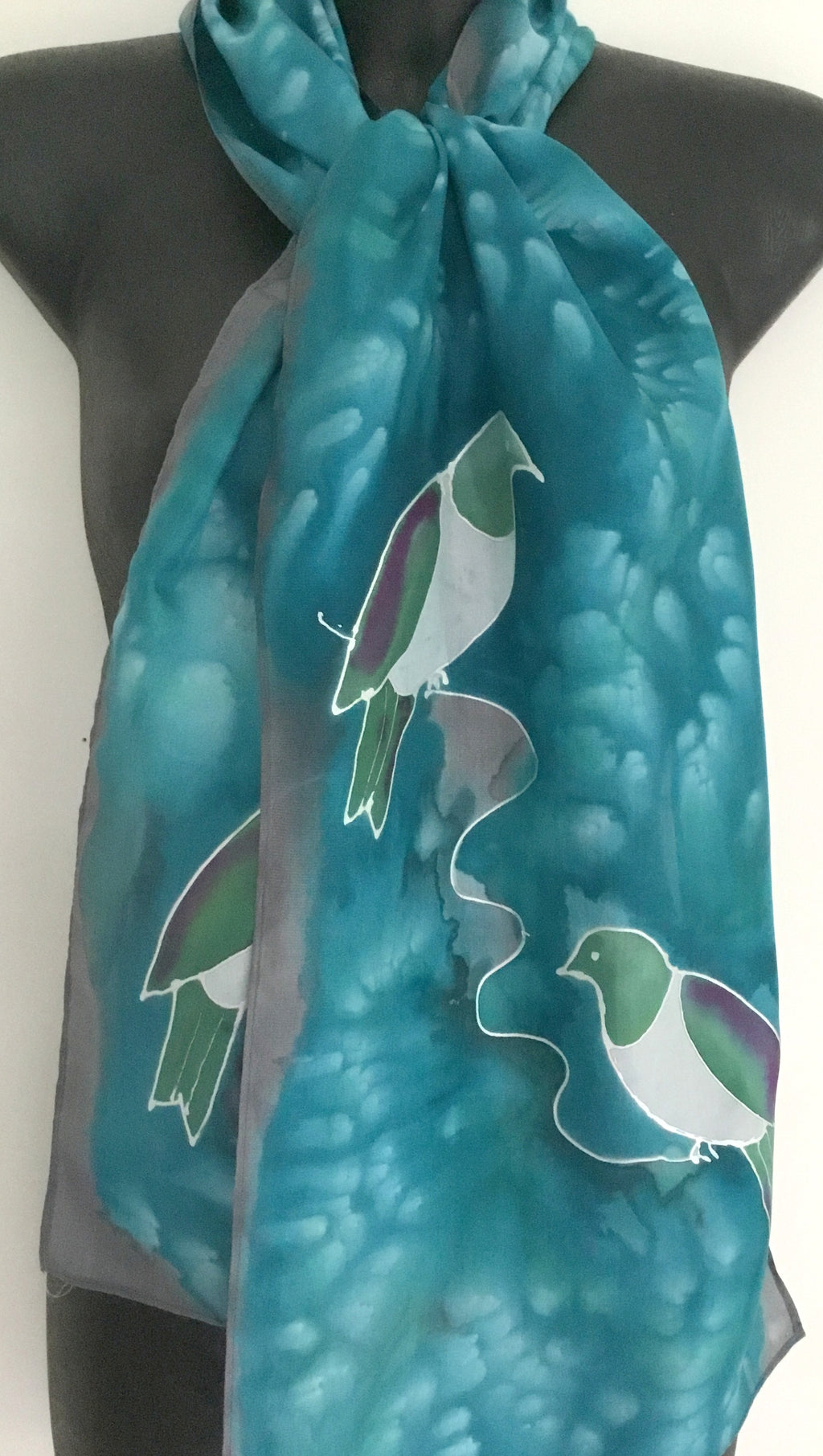 Kereru, on Teal, New Zealand pigeon - Hand painted Silk Scarf