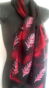 NZ Silver Ferns on Black & Red- Hand Painted Silk Scarf