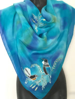 Tui and Fantail Birds on Kowahi - Hand painted Square Silk Scarf