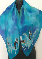 Tui and Fantail Birds on Kowahi - Hand painted Square Silk Scarf