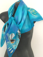 Tui and Fantail Birds on Kowahi - Hand painted Square Silk Scarf