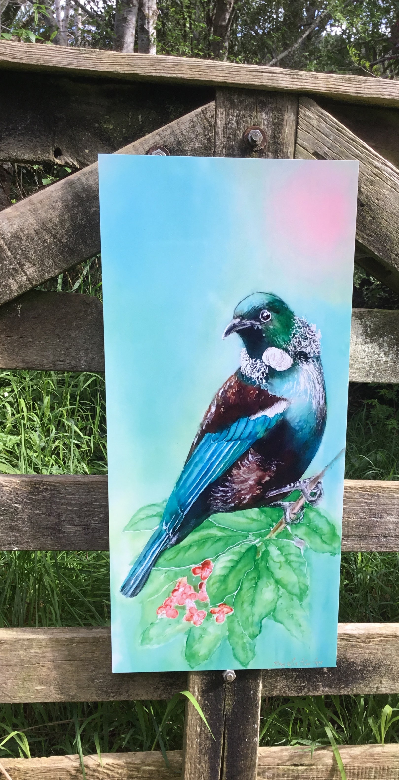 New Zealand Tui Bird on Puriri Tree - Outdoor Garden Art Panel