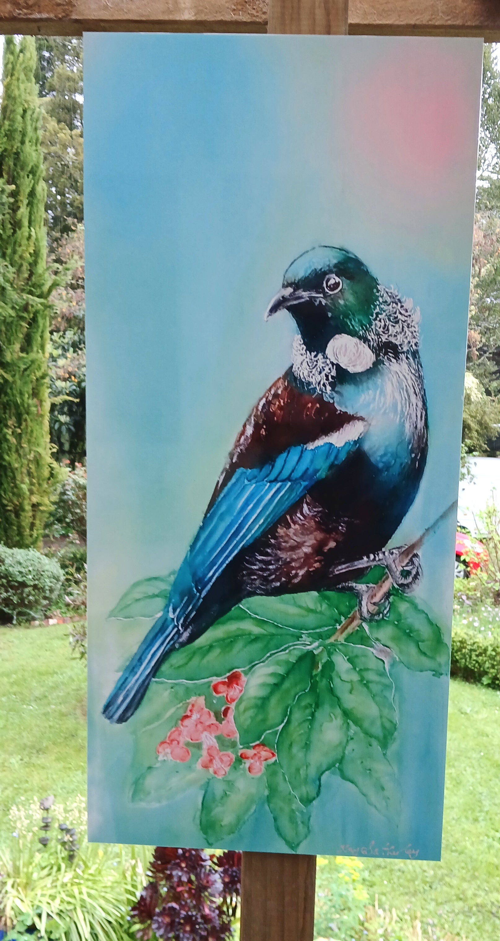 New Zealand Tui Bird on Puriri Tree - Outdoor Garden Art Panel