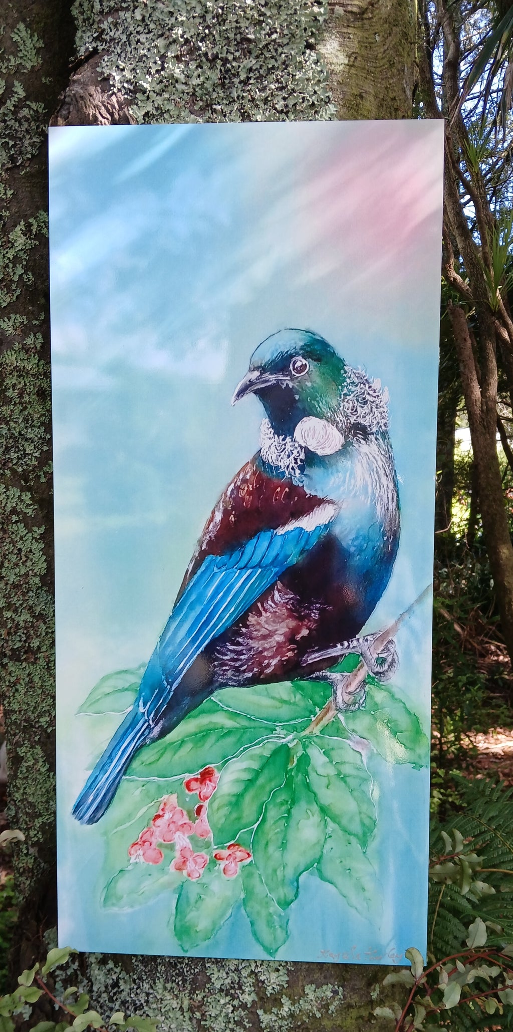 New Zealand Tui Bird on Puriri Tree - Outdoor Garden Art Panel