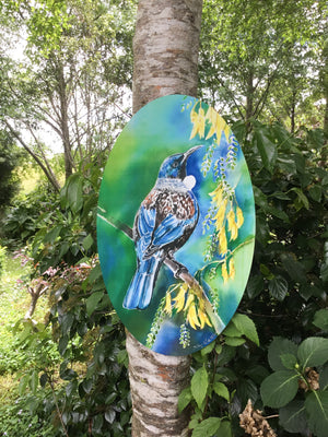 Tui with Kowhai flowers Oval Art Panel - Satherley Silks NZ