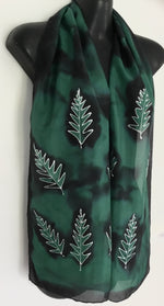 Silver Ferns in Green & Black - Hand Painted Silk Scarf