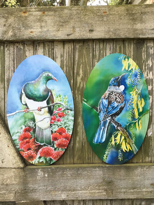 Kereru on Pohutukawa OVAL Outdoor Art Panel - Satherley Silks NZ