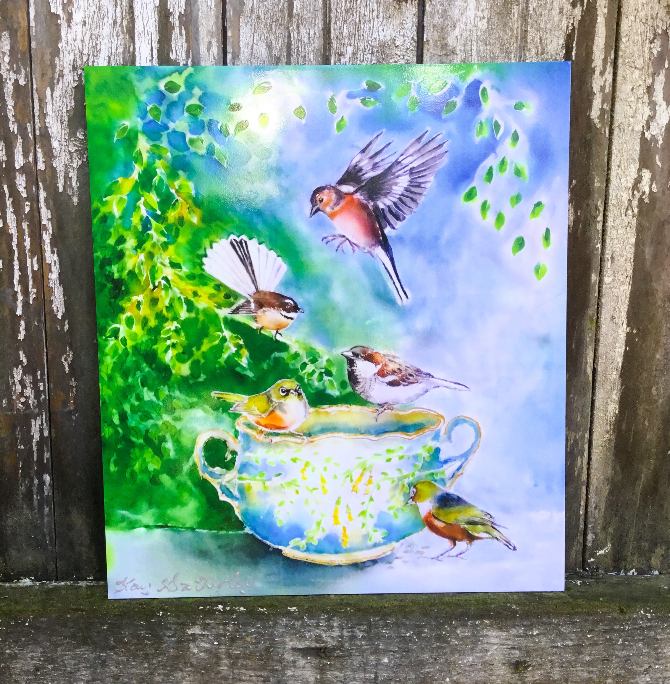 Small birds, SilverEyes, Chaffinch, Fantail and Sparrow on Vintage China - Outdoor Art Squarish