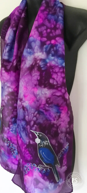 Tui On Purple and Cerise - Hand painted Silk Scarf - Satherley Silks NZ