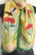 Fantail on Pohutukawa - Hand painted Silk Scarf
