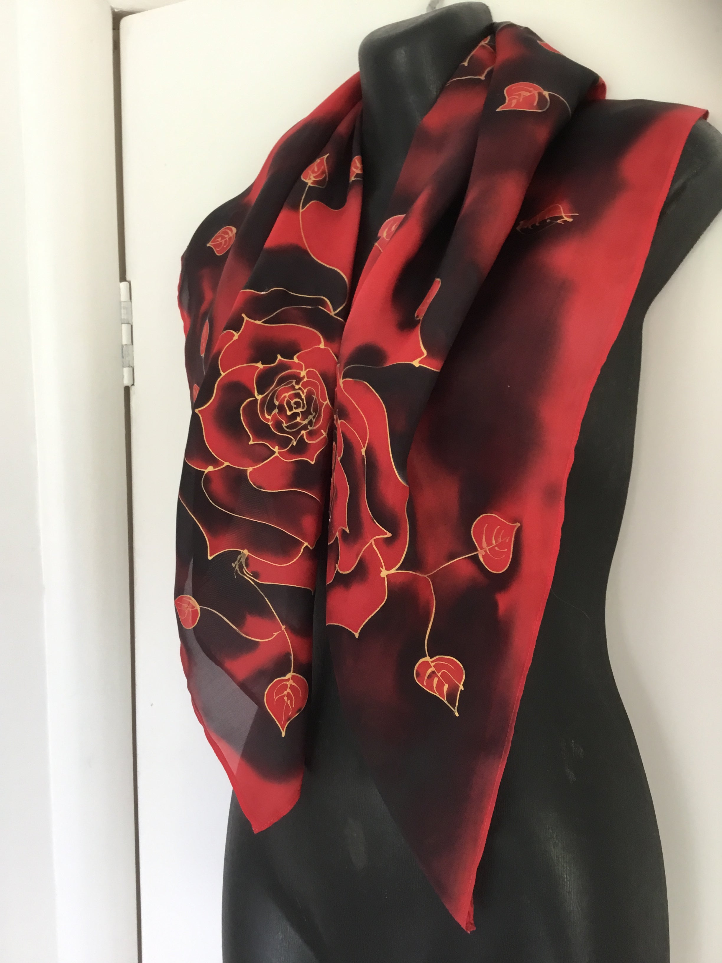 Midnight  Rose  Square - Hand painted Silk Scarf