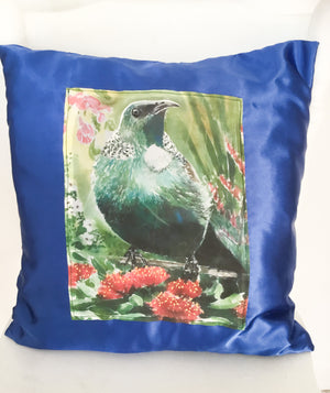 Tui and NZ Flora on Satin - Printed Cushion Cover.