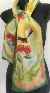 Fantail on Pohutukawa - Hand painted Silk Scarf