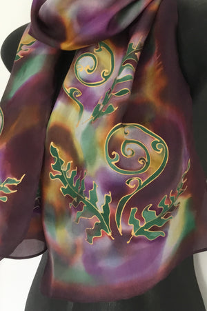 Ferns and Korus Multi - Hand painted Silk Scarf