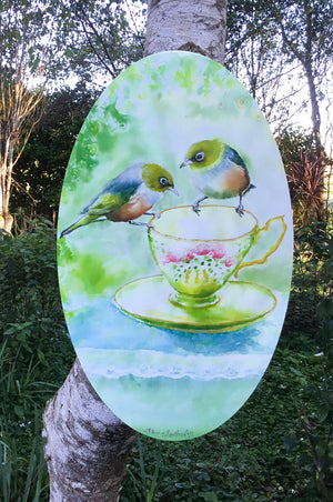 SilverEyes or WaxEyes (Tauhou) - Oval Outdoor Art
