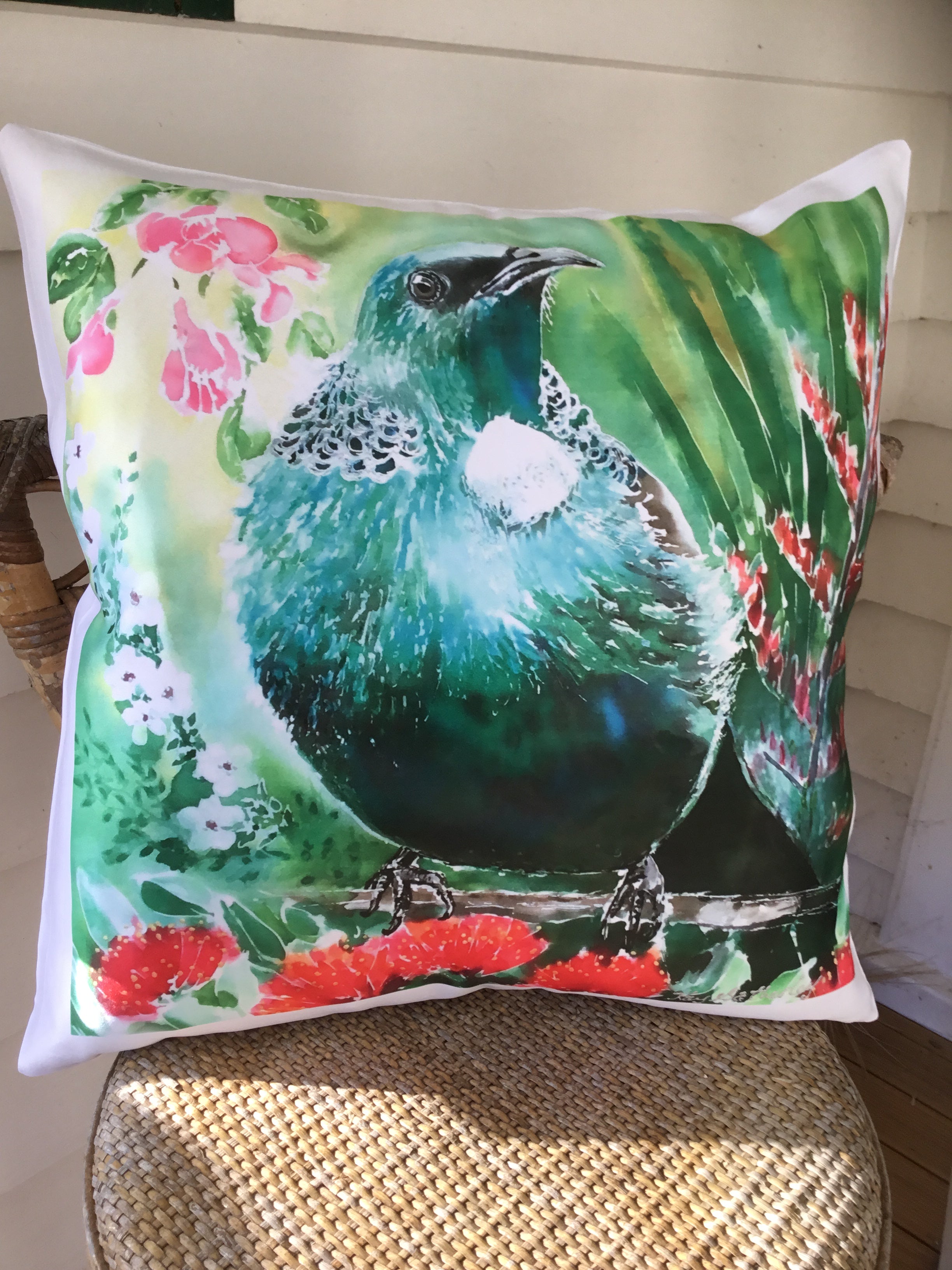 Tui and NZ Flora - Printed Cushion Cover.