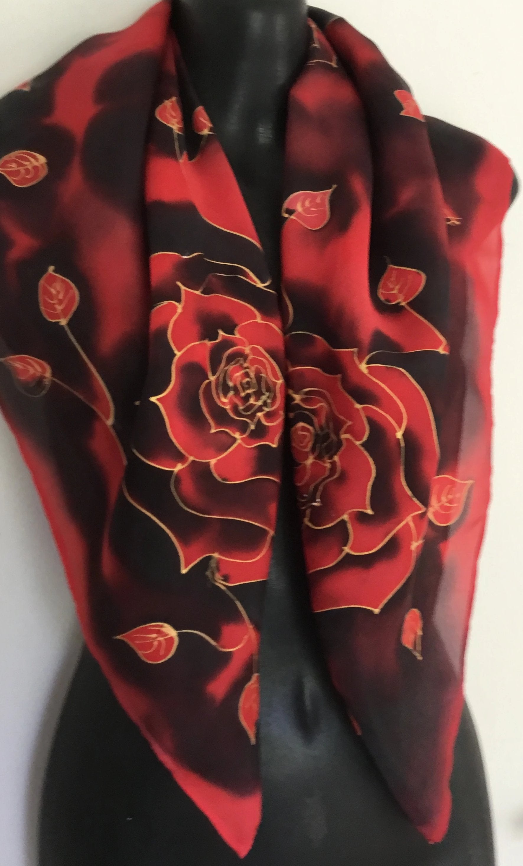 Midnight  Rose  Square - Hand painted Silk Scarf