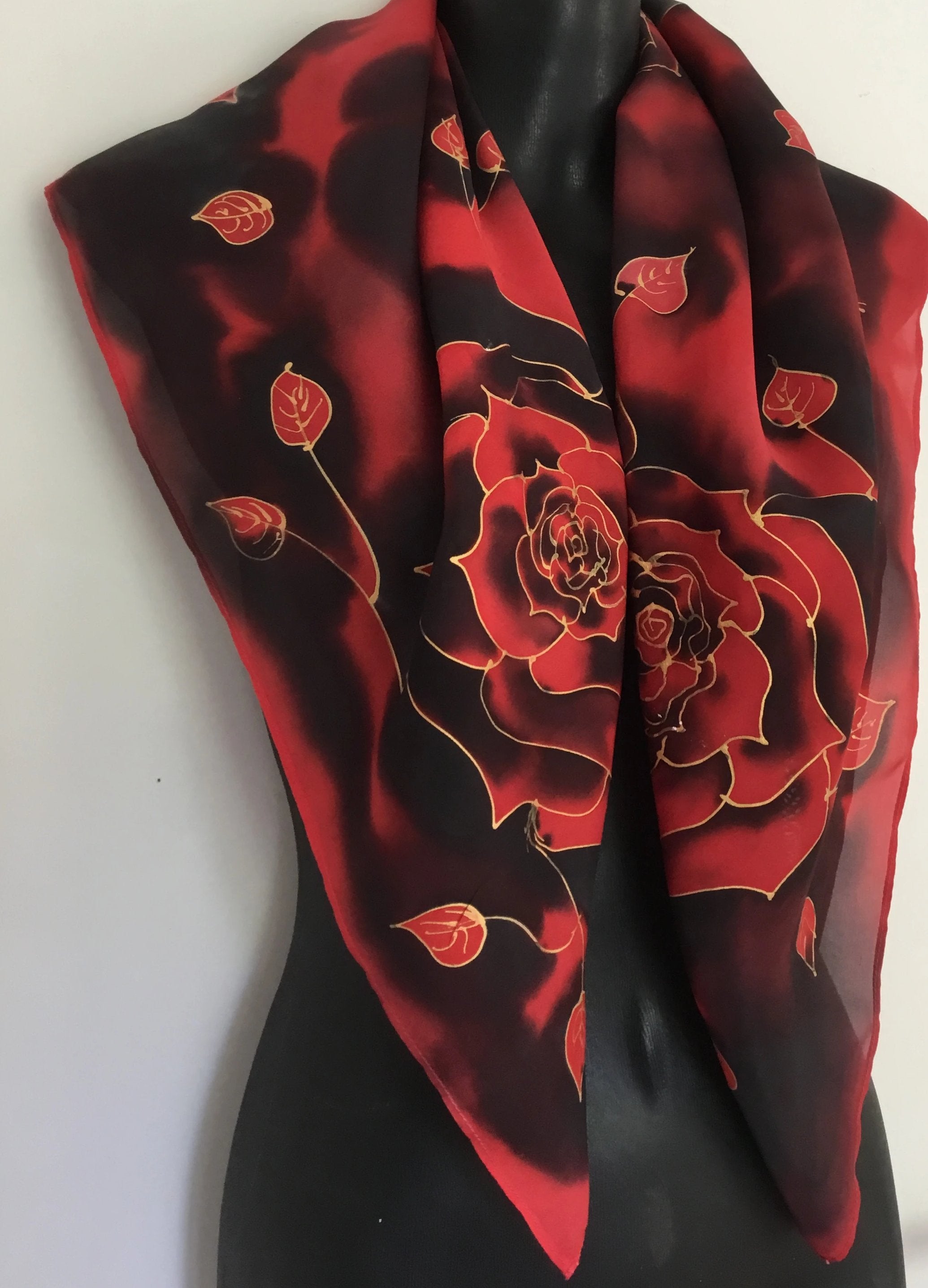 Midnight  Rose  Square - Hand painted Silk Scarf