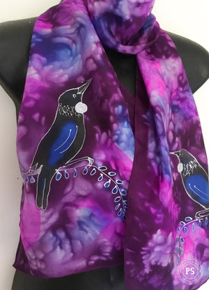 Tui On Purple and Cerise - Hand painted Silk Scarf - Satherley Silks NZ