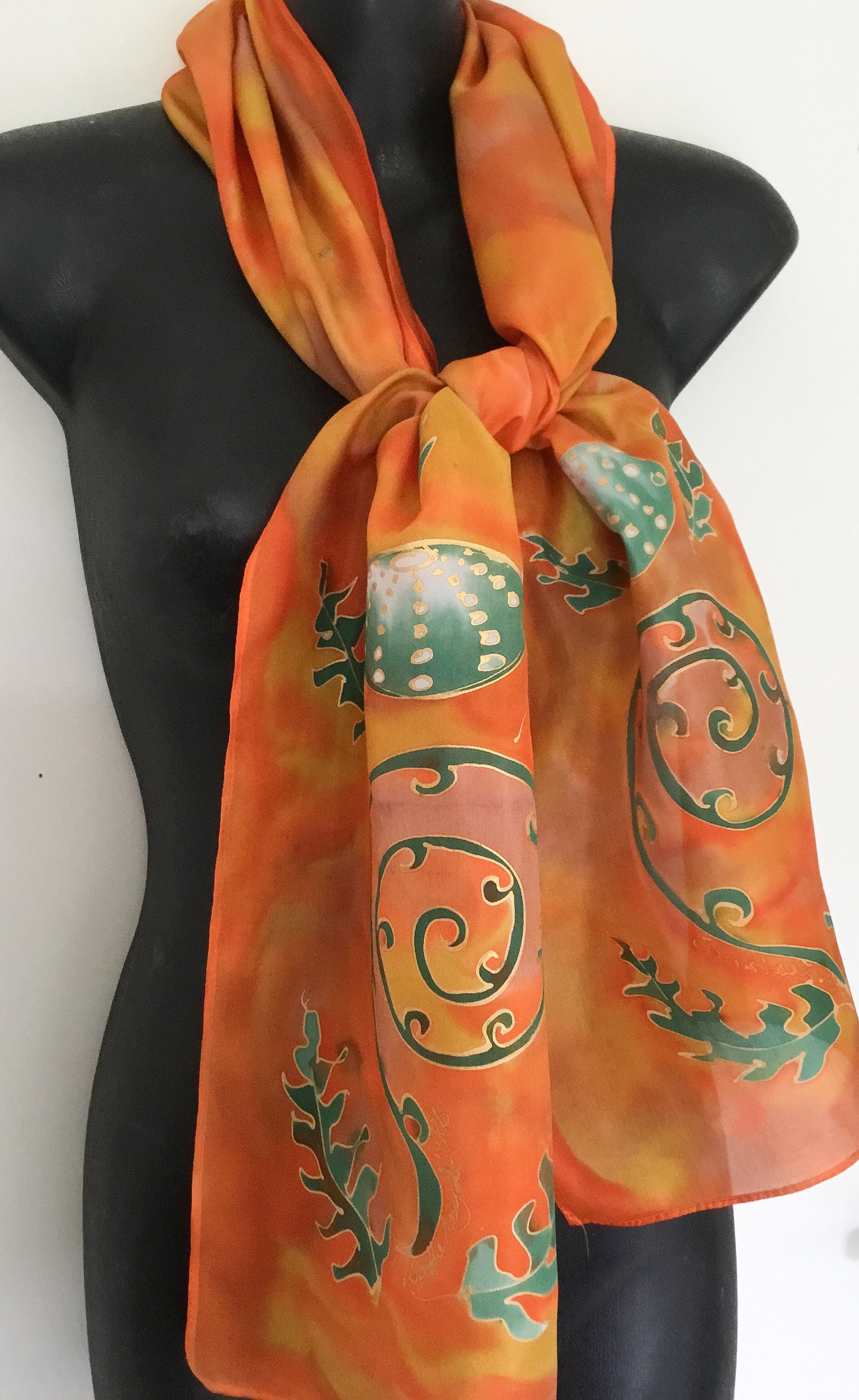 Kina on Koru - Hand Painted Silk Scarf - Satherley Silks NZ