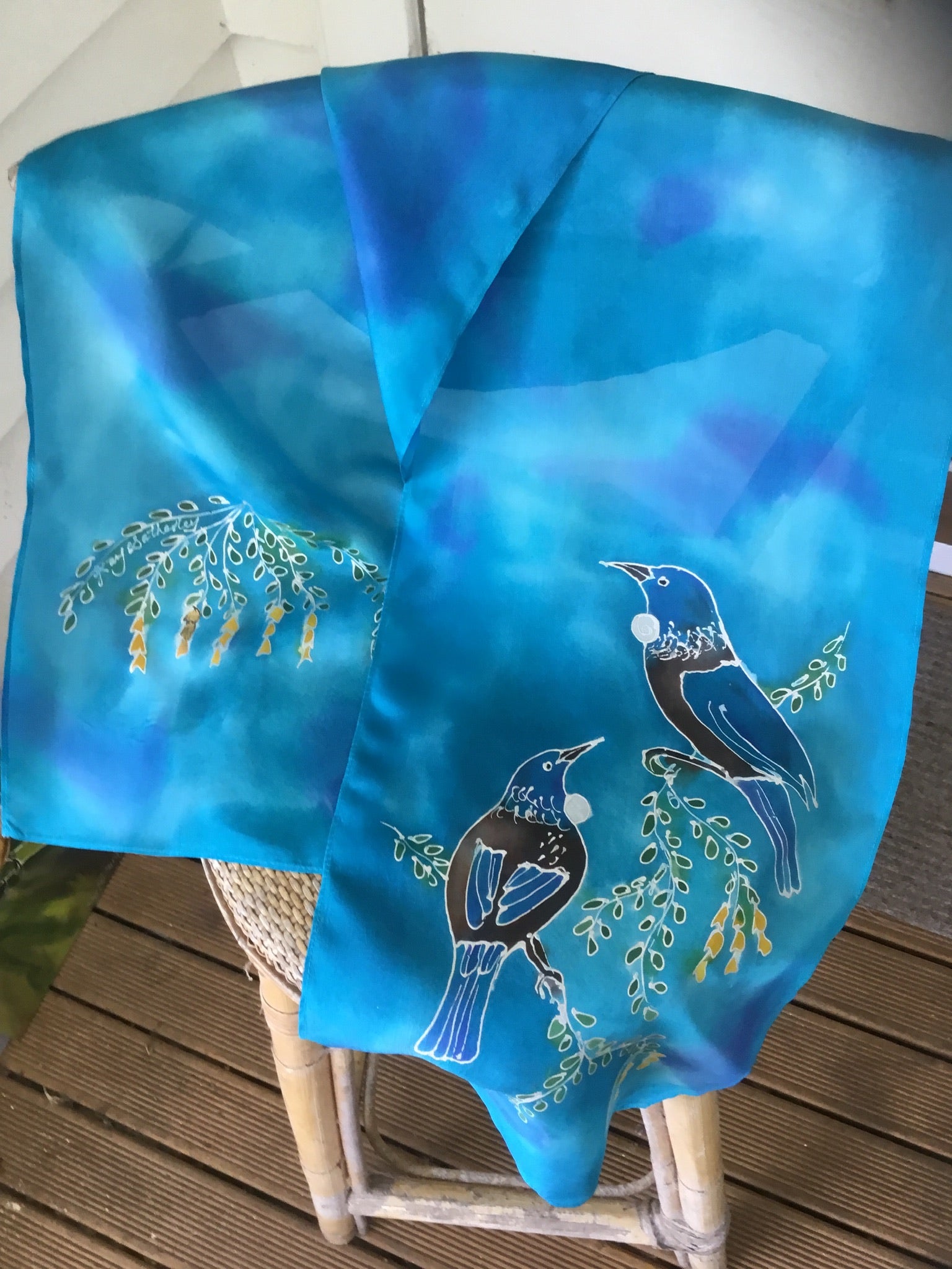 Tui & Kowhai Tree on aqua and blue  - Hand painted Silk Scarf