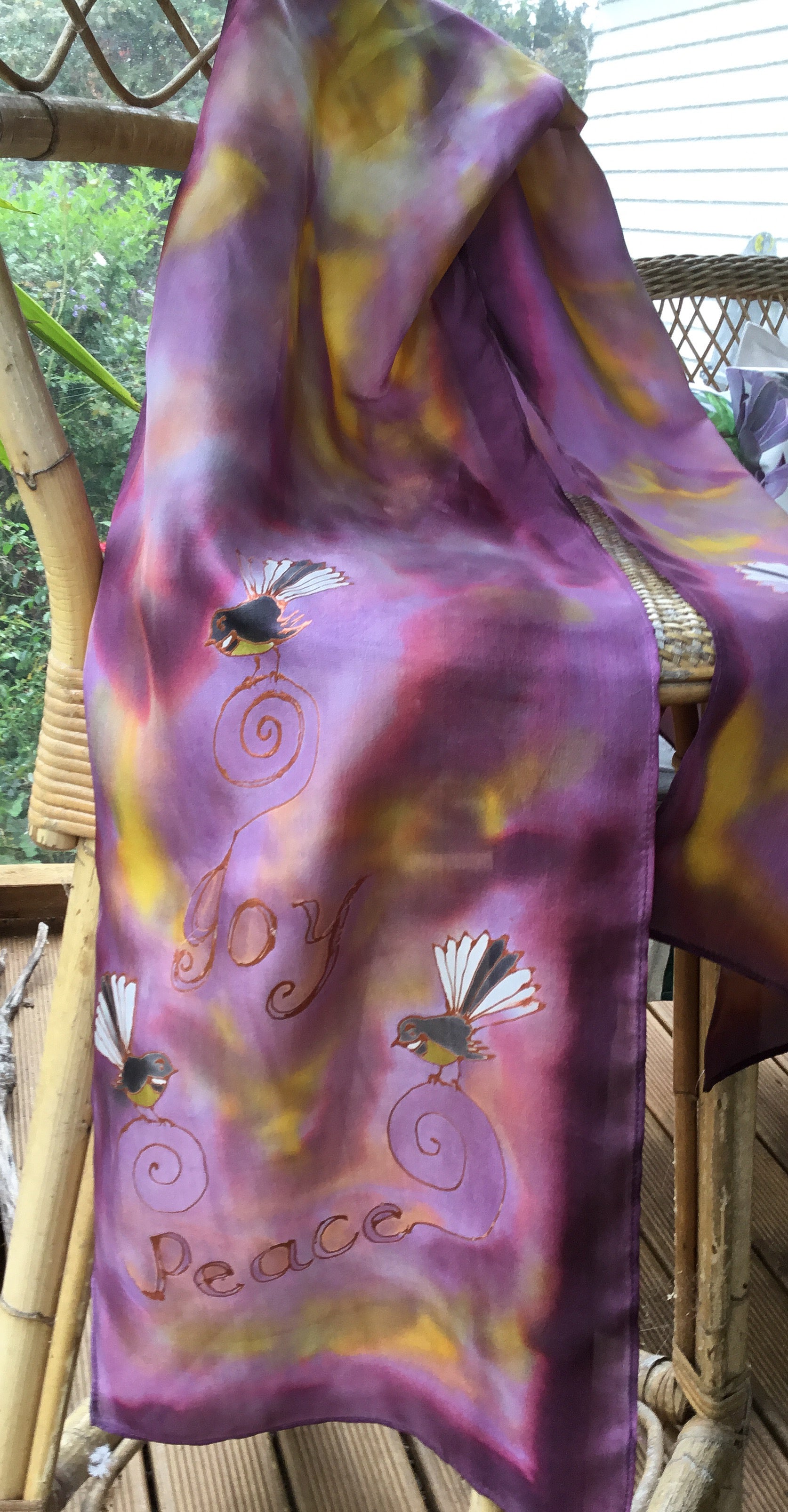 Fantails Peace & Joy  - Hand painted Silk Scarf - Satherley Silks NZ