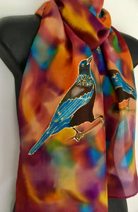 Tui in Forest of Colours  - Hand painted Silk Scarf