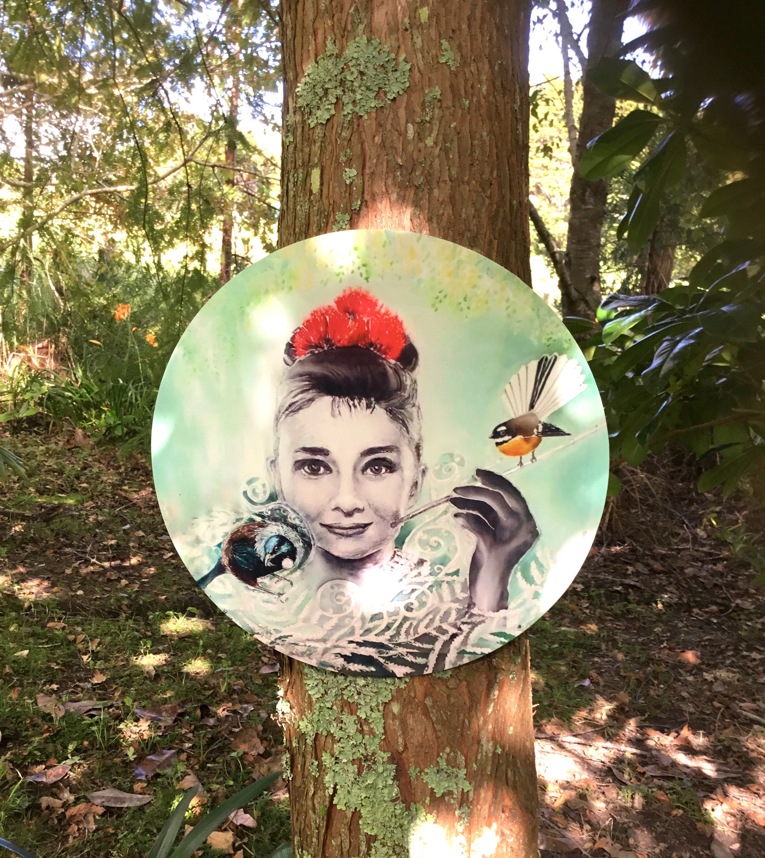 Audrey Portrait painting with Tui and Fantail  - Outdoor Garden Art Panel