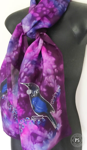 Tui On Purple and Cerise - Hand painted Silk Scarf - Satherley Silks NZ