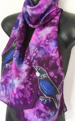 Tui On Purple and Cerise - Hand painted Silk Scarf - Satherley Silks NZ