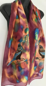 Tui in Forest of Colours  - Hand painted Silk Scarf