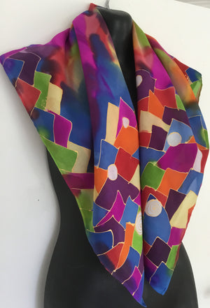 Rainbow Jazz coloured Square - Hand painted Silk Scarf