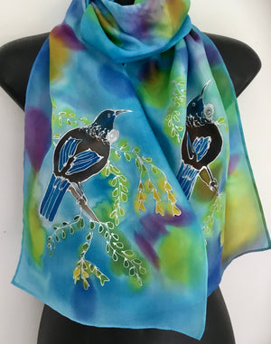 Tui & Kowhai Tree, Multi Colour - Hand painted Silk Scarf