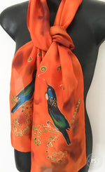 Tui & Kowhai with little Korus - Hand painted Silk Scarf - Satherley Silks NZ