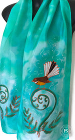 Fantail on Koru  - Hand painted Silk Scarf - Satherley Silks NZ