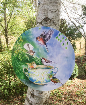 Small birds, SilverEyes, Chaffinch, Fantail and Sparrow on Vintage China - Circle Outdoor Art Panel