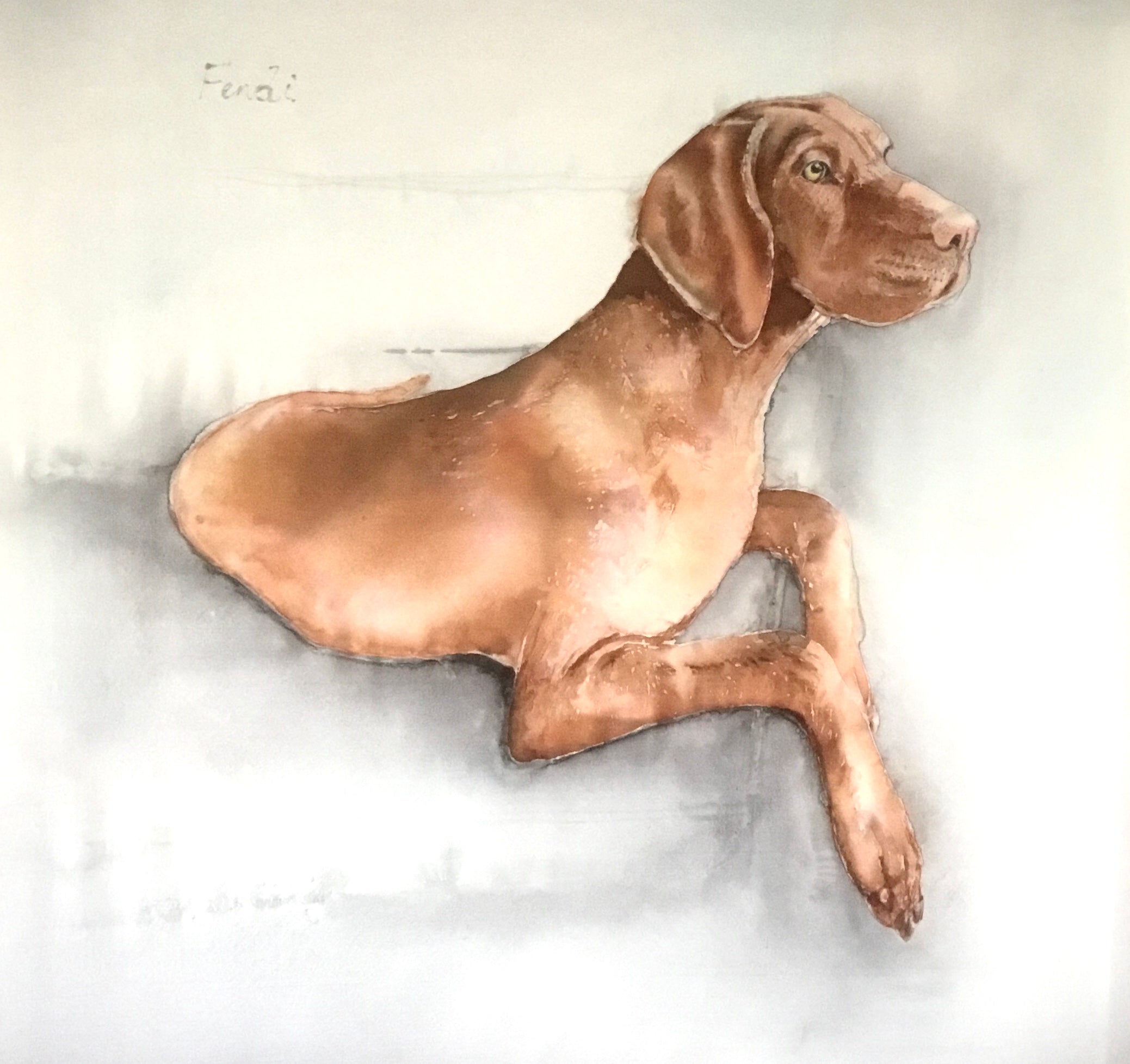 Commissioned Dog Portrait Silk Painting- Hungarian Vizsla hunting dog,