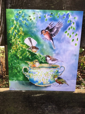 Small birds, SilverEyes, Chaffinch, Fantail and Sparrow on Vintage China - Outdoor Art Squarish