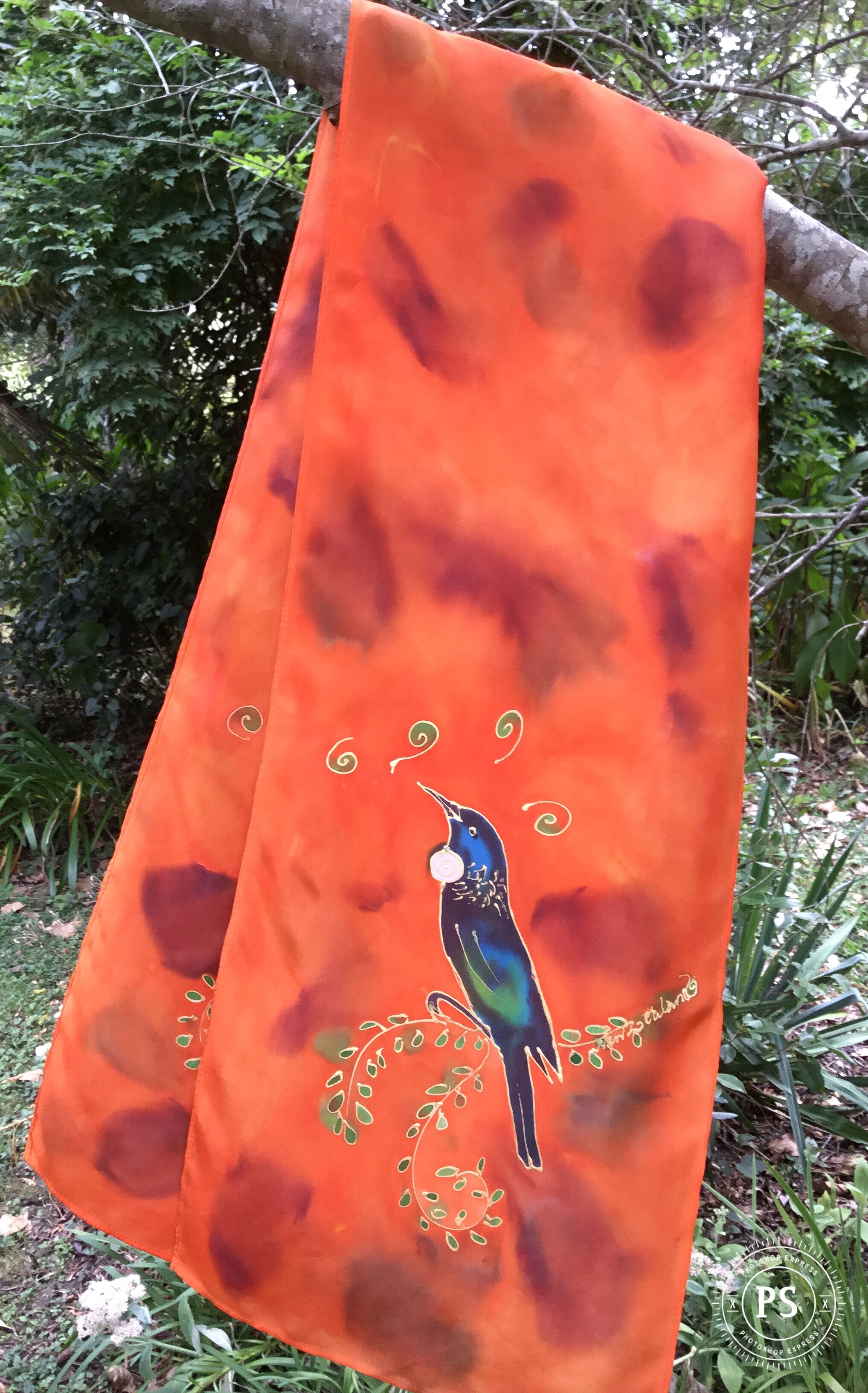 Tui & Kowhai with little Korus - Hand painted Silk Scarf - Satherley Silks NZ
