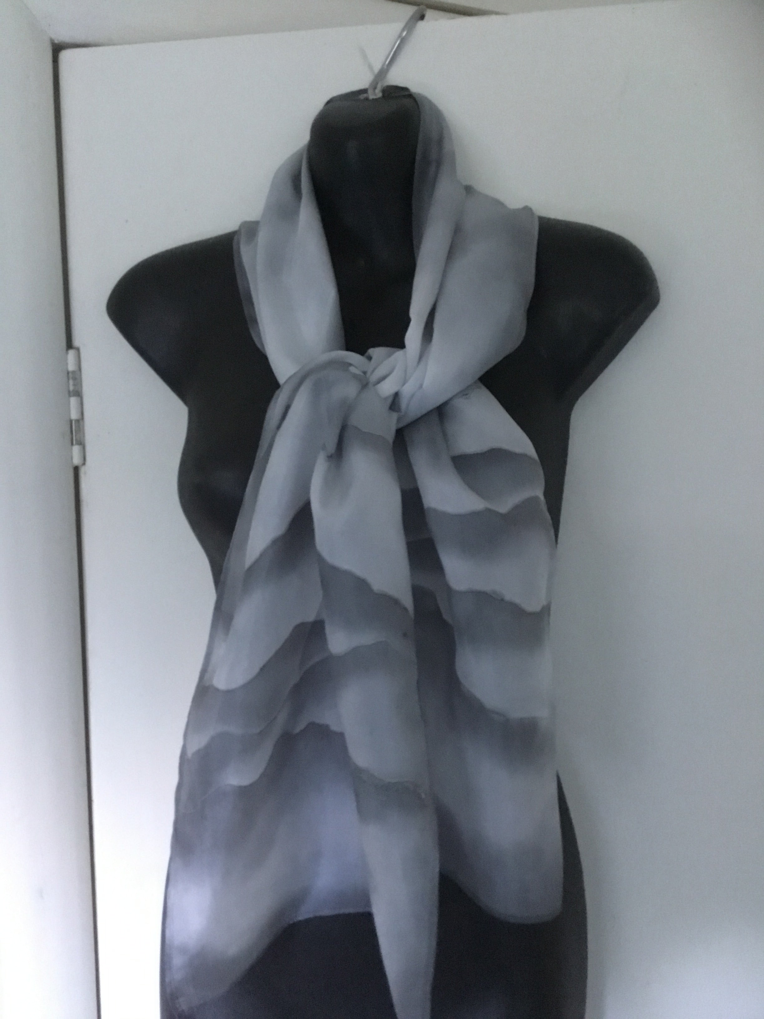 Silver Hills and Clouds- Hand Painted Silk Scarf - Satherley Silks NZ
