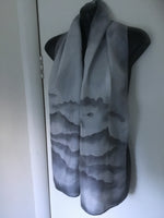Silver Hills and Clouds- Hand Painted Silk Scarf - Satherley Silks NZ