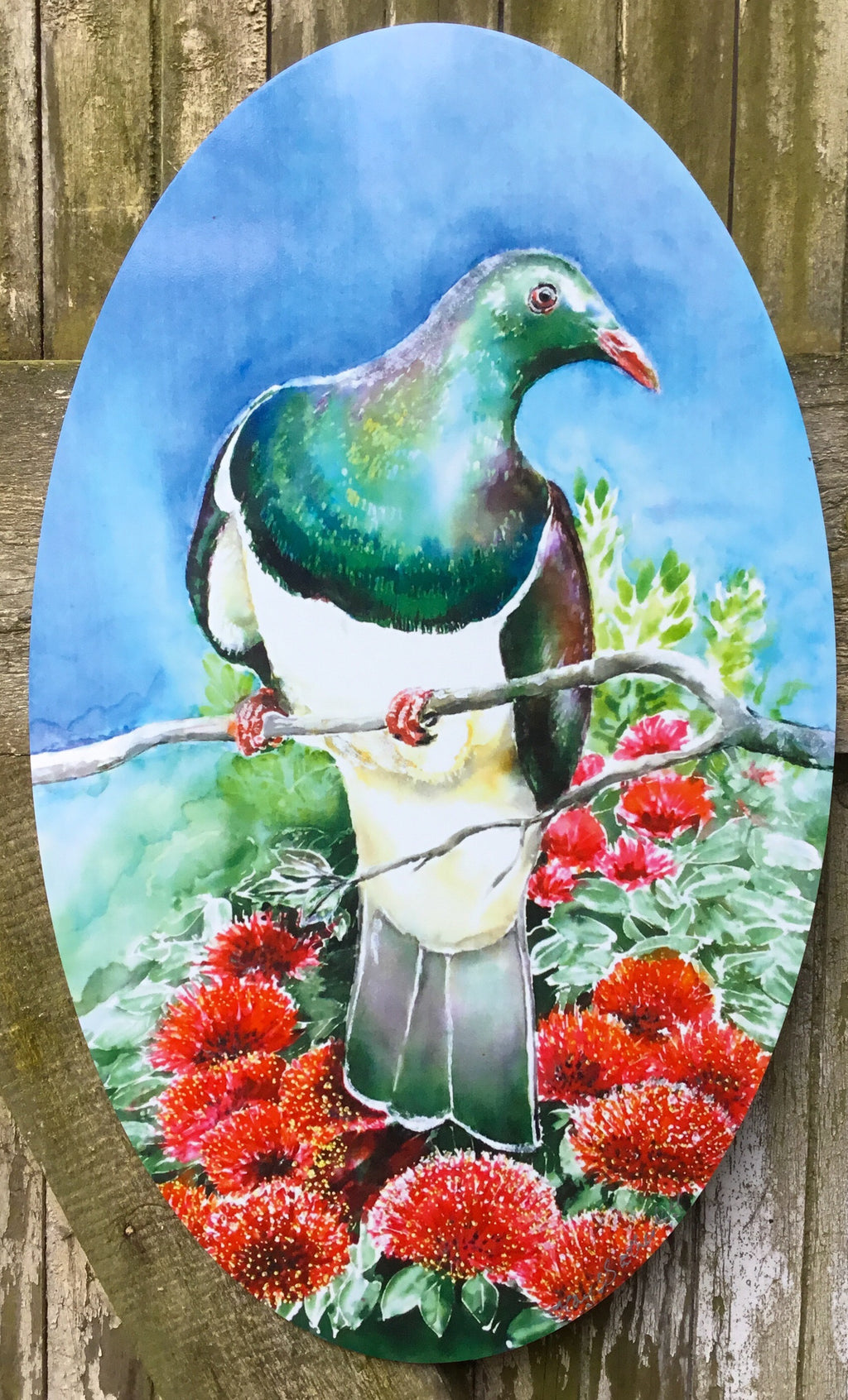 Kereru on Pohutukawa OVAL Outdoor Art Panel - Satherley Silks NZ